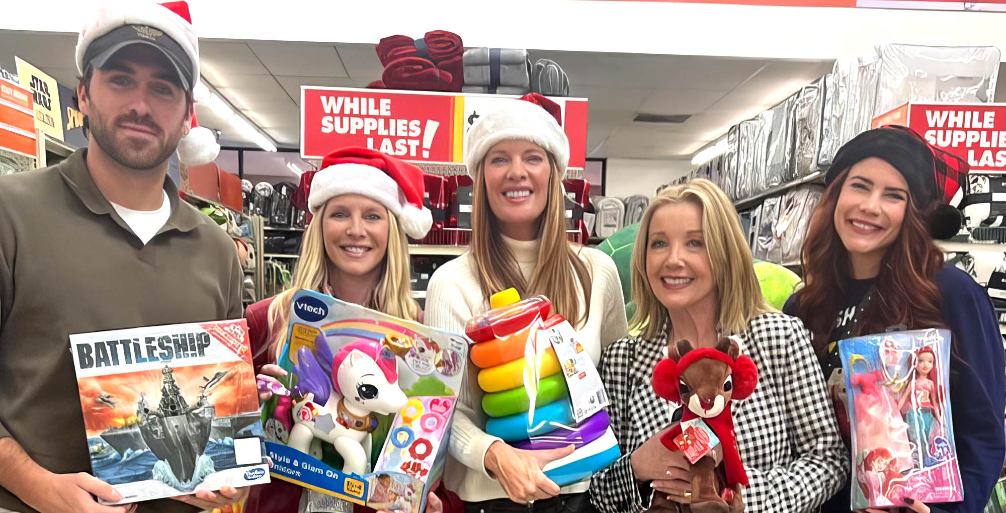 conner floyd, lauralee bell, michelle stafford, melody thomas scott, and courtney hope at big lots buying toys.