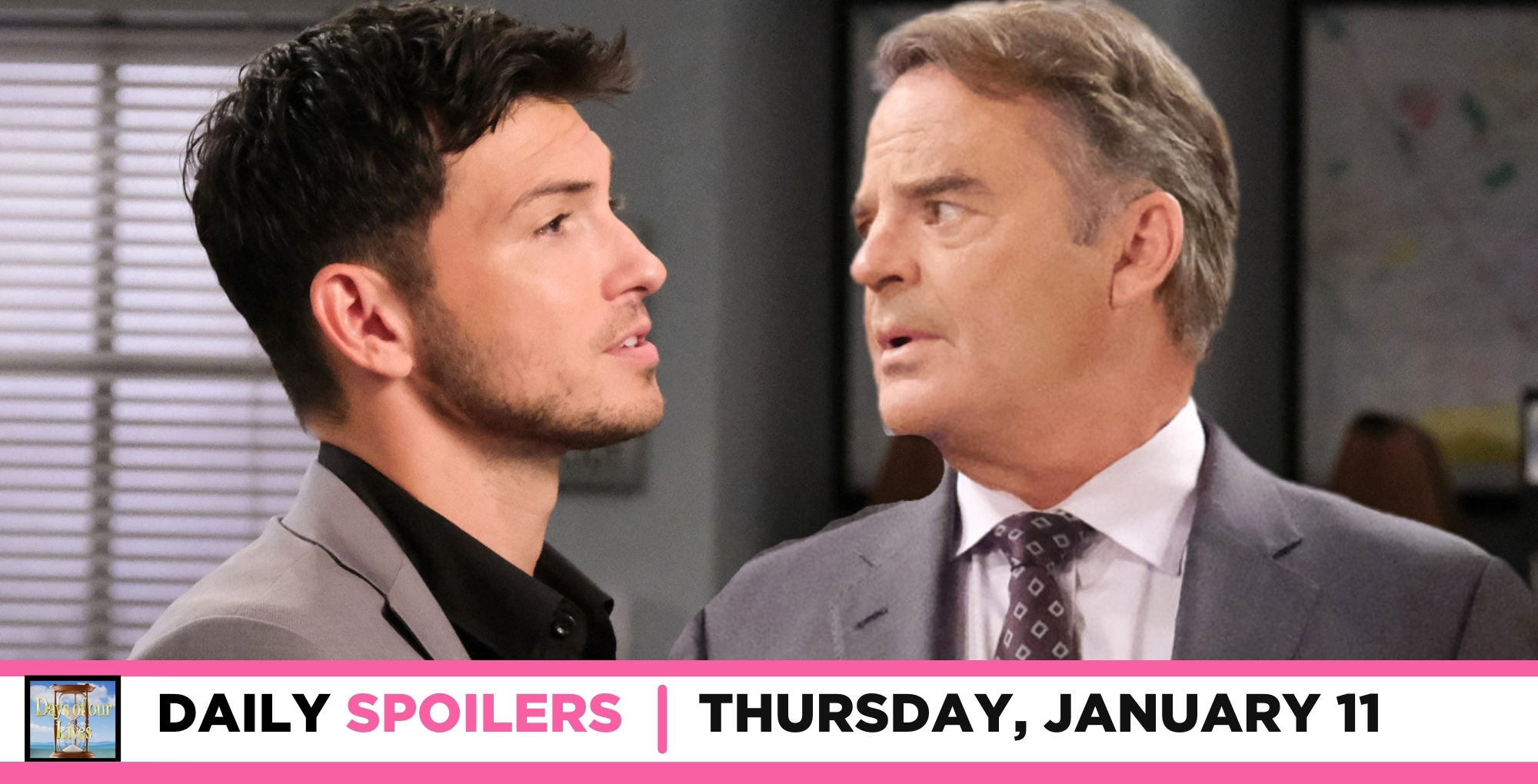 days of our lives spoilers for january 11, 2024, episode 14768, has alex and justin looking at each ohter.