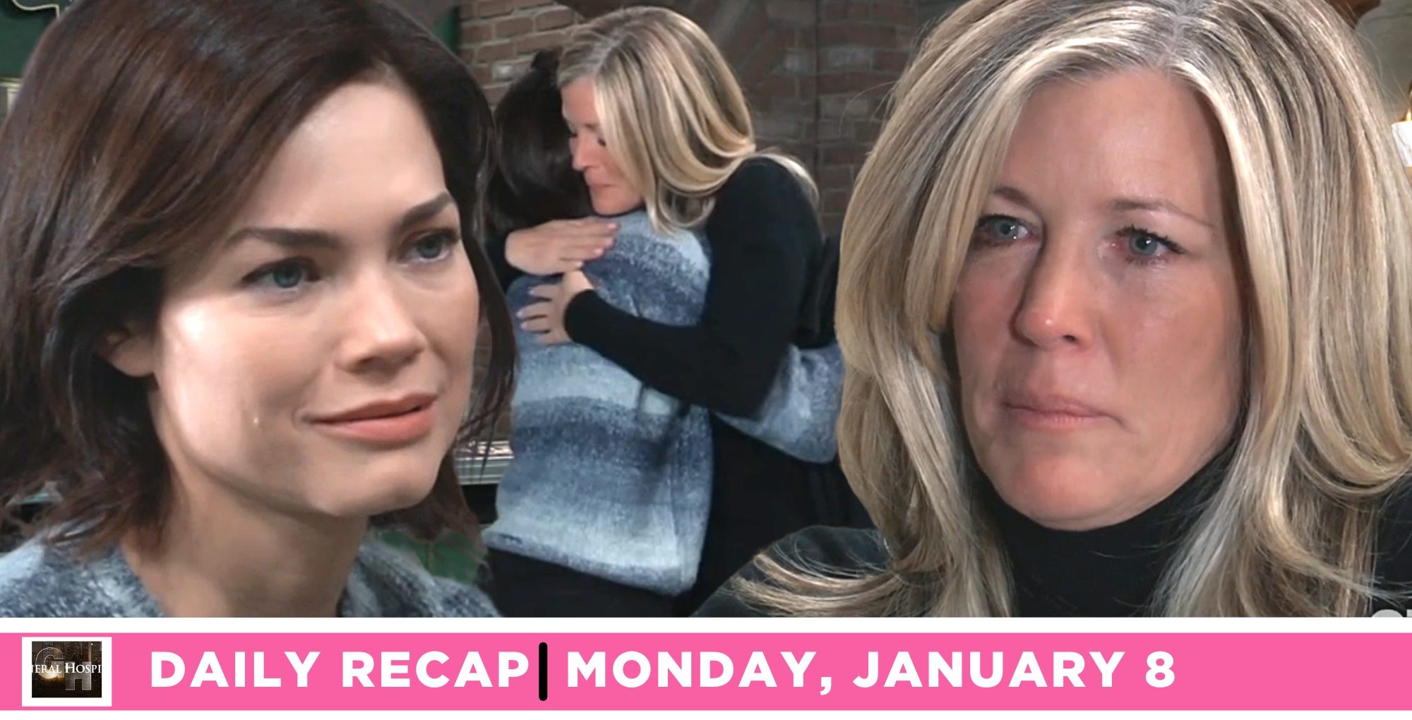 general hospital recap for Monday, January 8, 2024, featured liz webber and carly corinthos hugging.