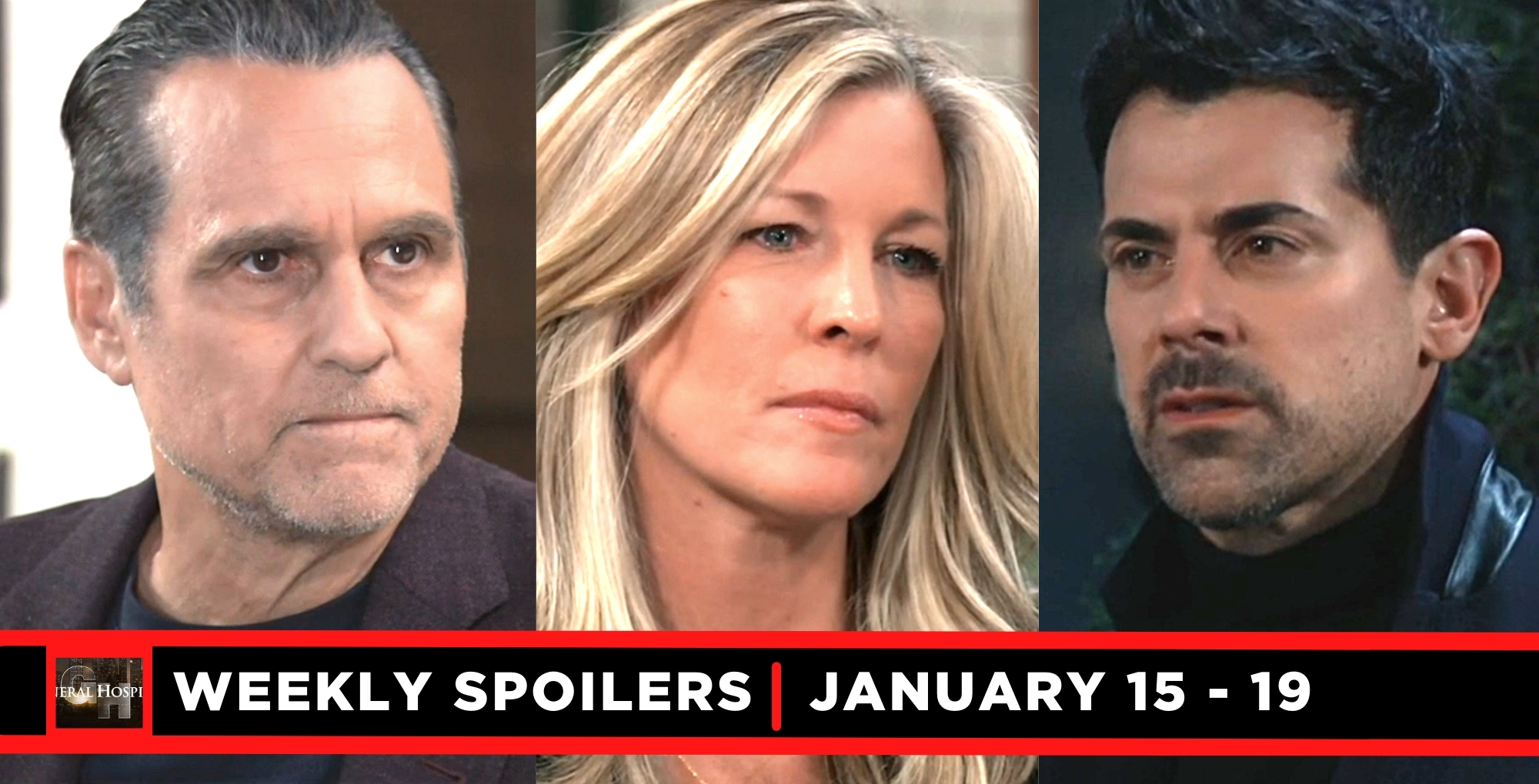 general hospital spoilers for january 15-19, 2024, three images, sonny, carly, and nikolas.