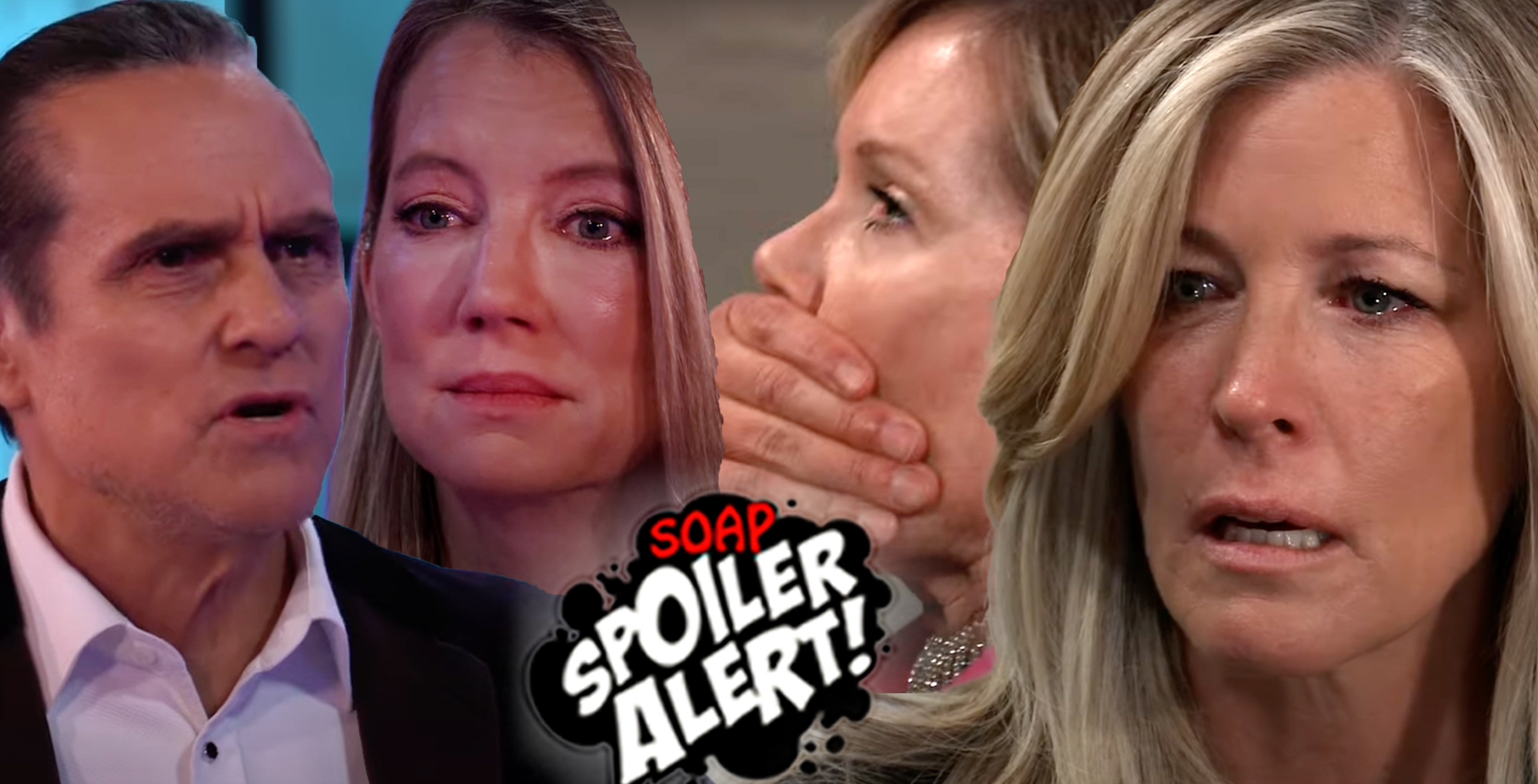 gh spoilers video collage of sonny, nina, ava with a hand over her mouth, carly.
