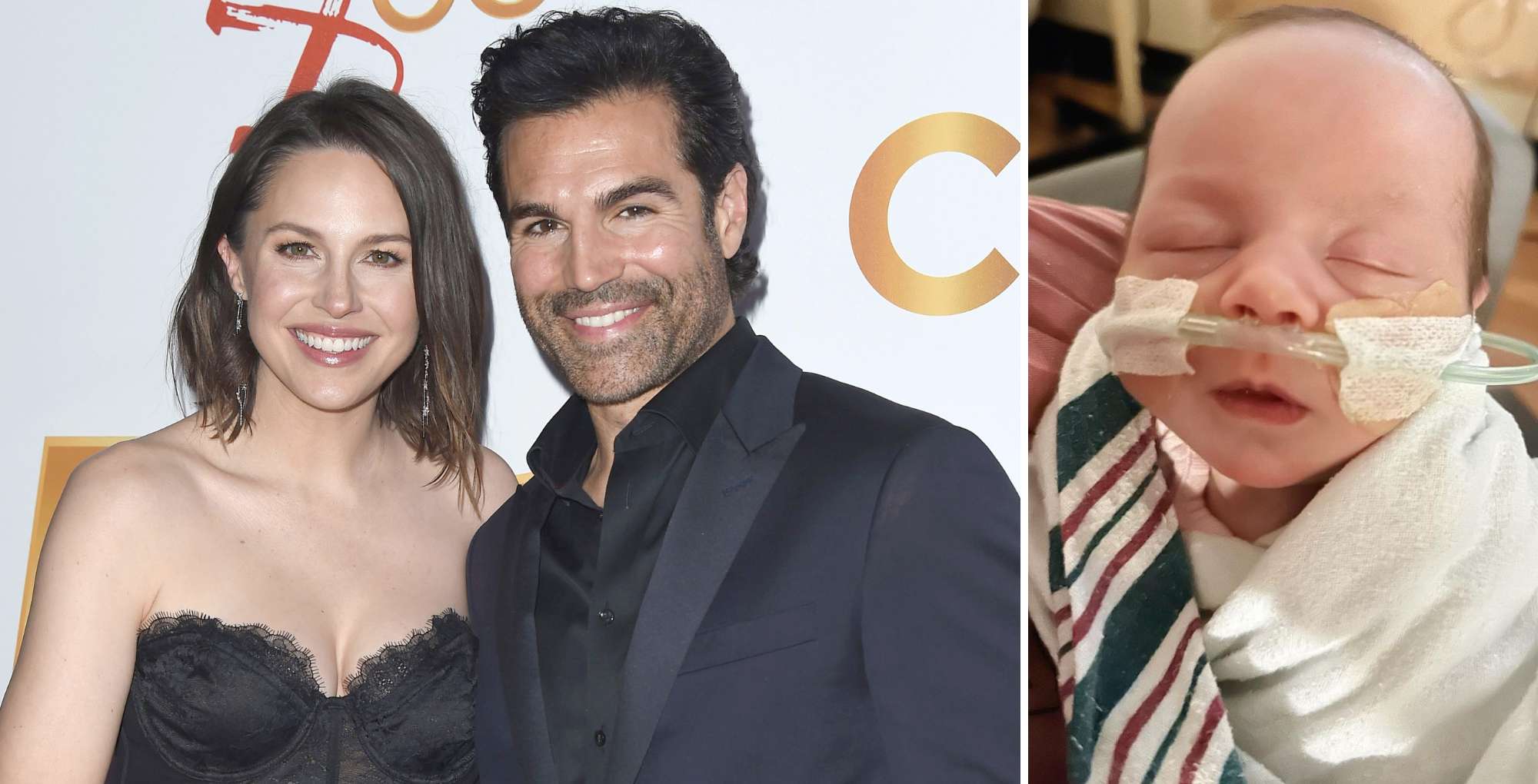 kaitlin and jordi vilasuso on the young and the restless red carpet beside a photo of daughter lucy wrapped in a blanket.