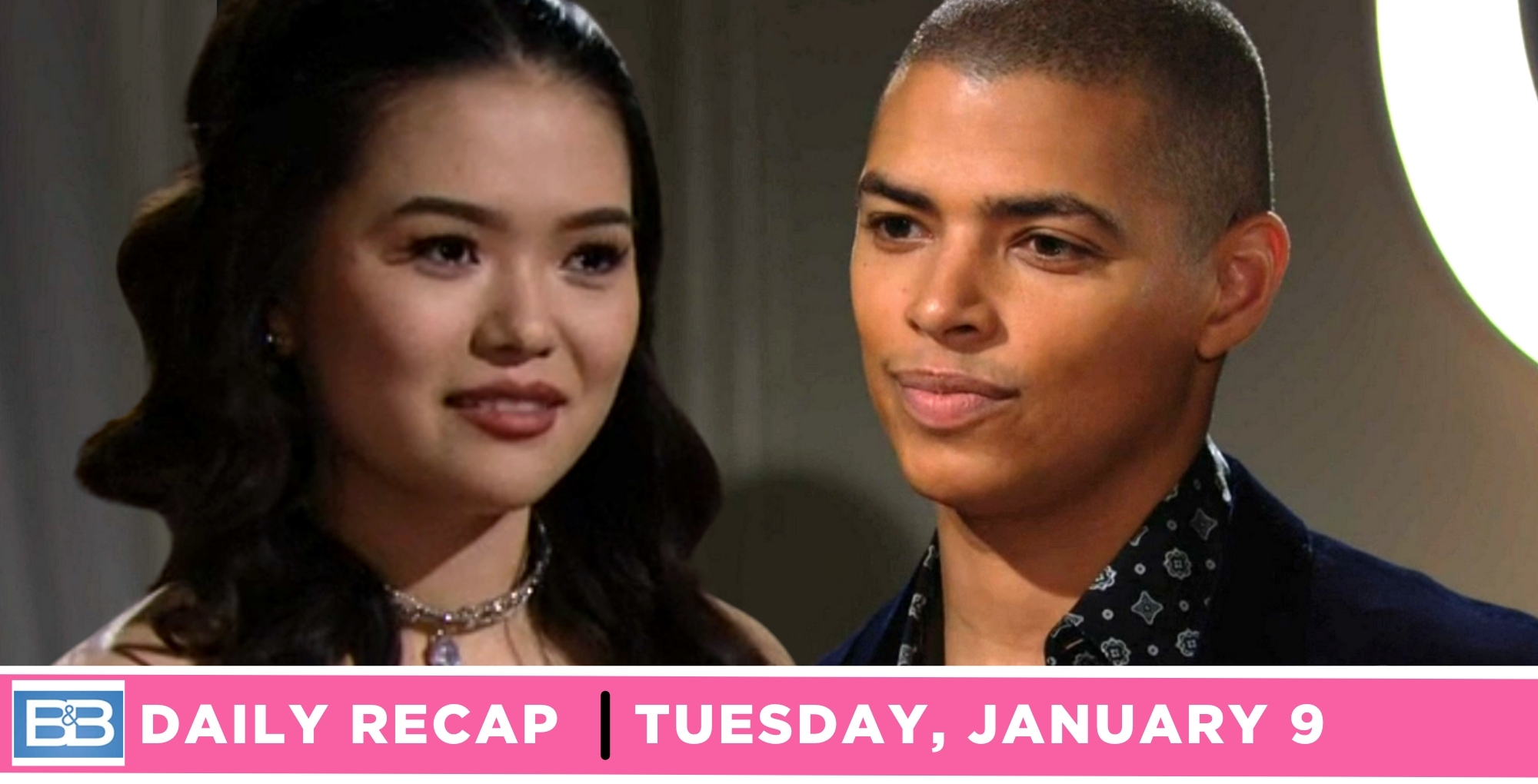 bold and the beautiful recap for monday, january 8, 2024 banner with luna nozawa and zende forrester.