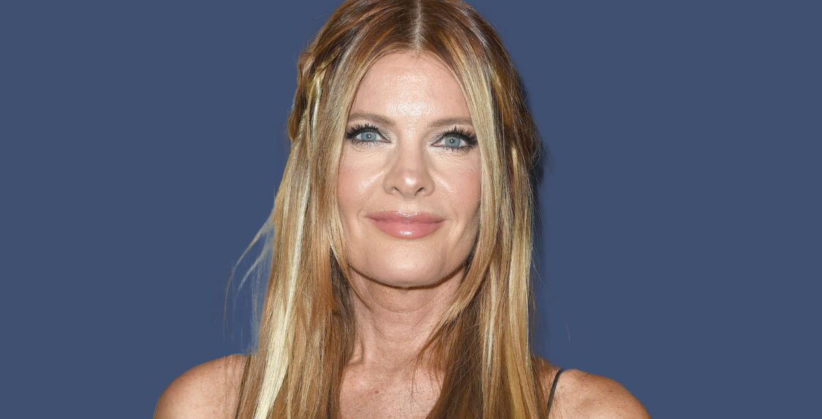 young and the restless star michelle stafford on a blue background.