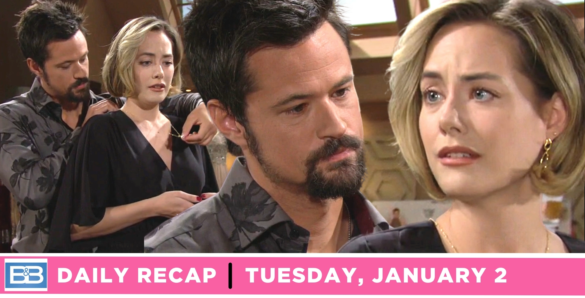 the bold and the beautiful recap for january 2, 2024, episode 9178, has thomas putting the ring on hope's necklace.