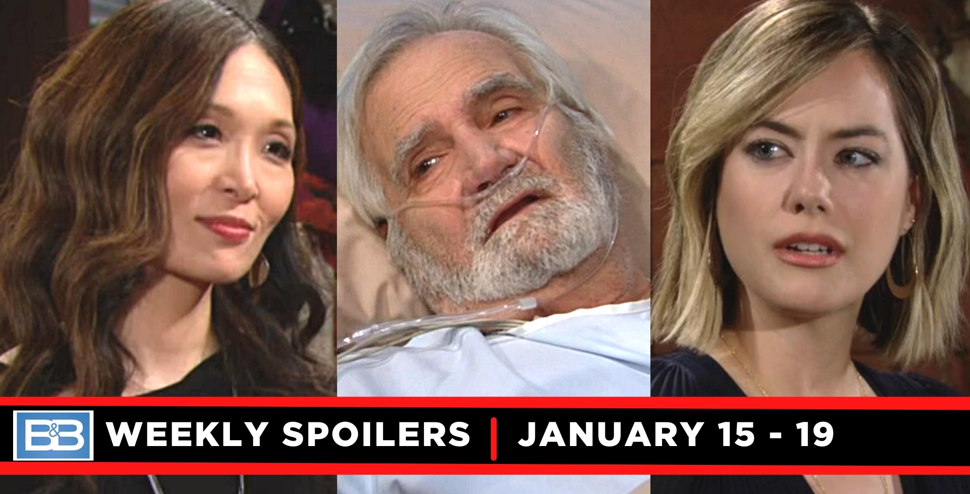 the bold and the beautiful spoilers for january 15-19, 2024, three images, poppy, eric, and hope.