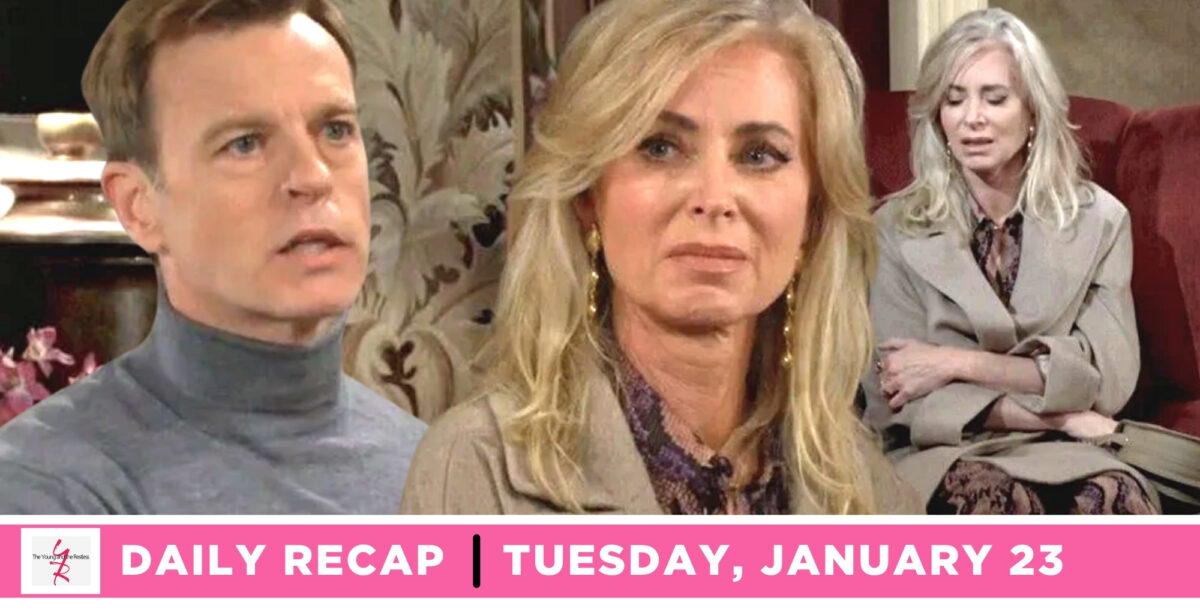 the young and the restless recap for january 23, 2024, episode 12791, tucker and ashley, with a side image of confused ashley.