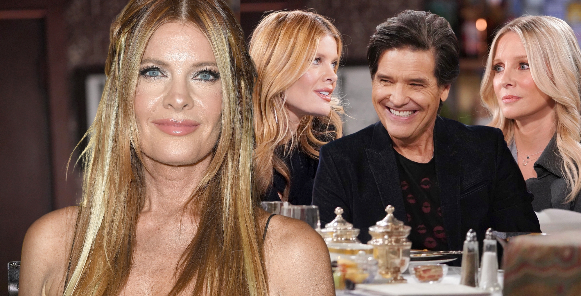 michelle stafford over a shot of phyllis, danny, and chris on young and the restless.