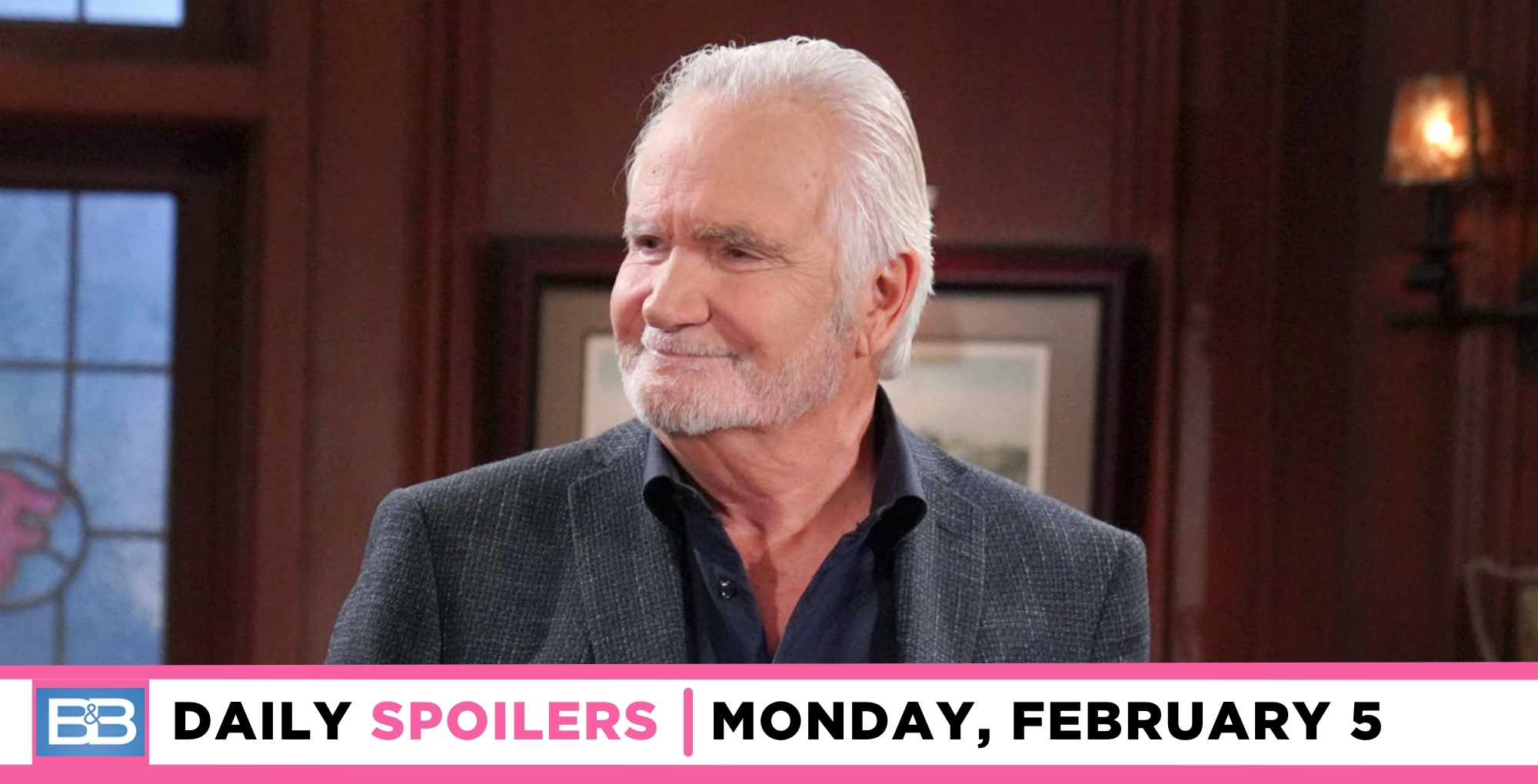 bold and the beautiful spoilers for february 5, 2024, episode 9202, has eric happy in his office.