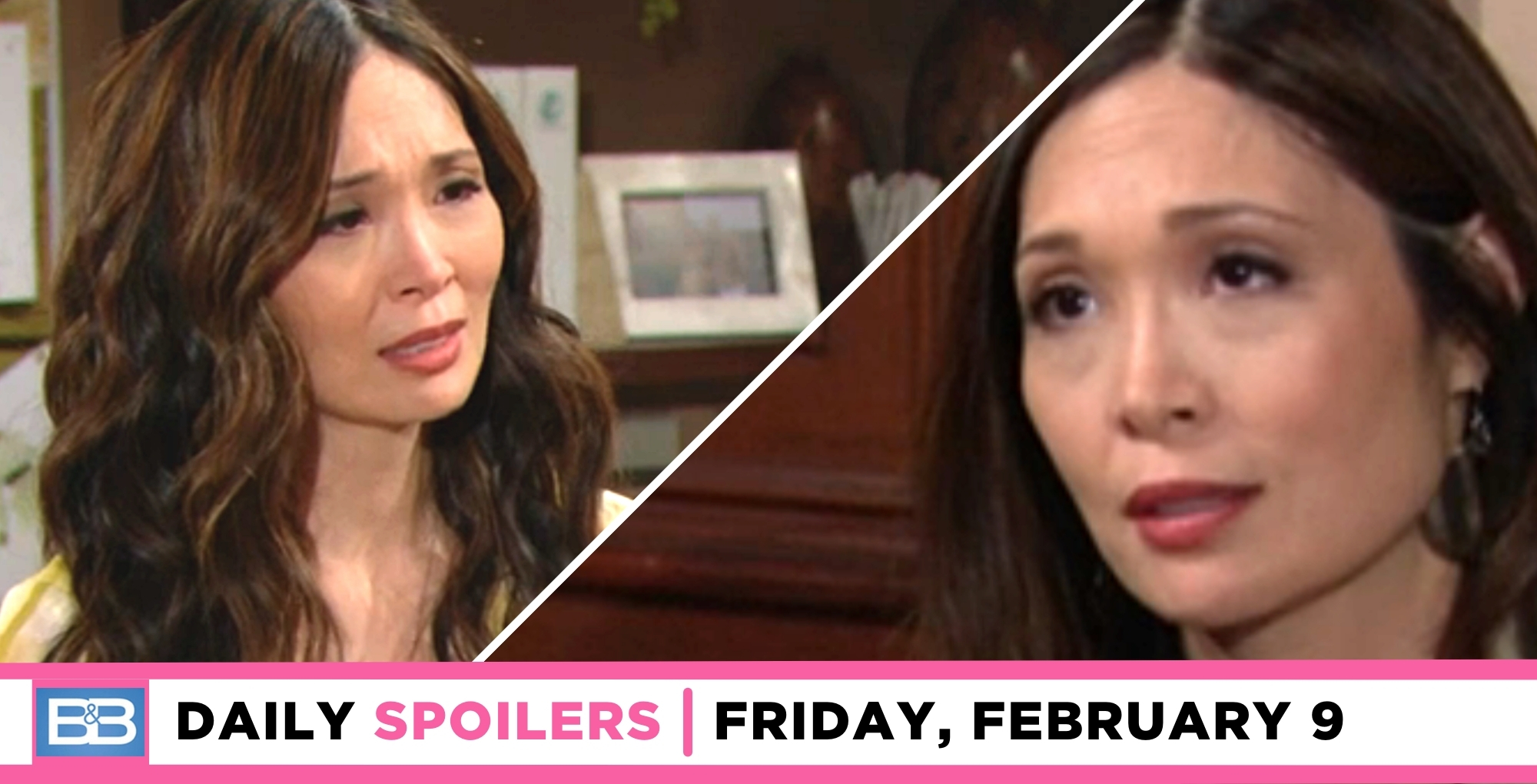 the bold and the beautiful spoilers for february 9, 2024, episode 9206, has two images of poppy worried.