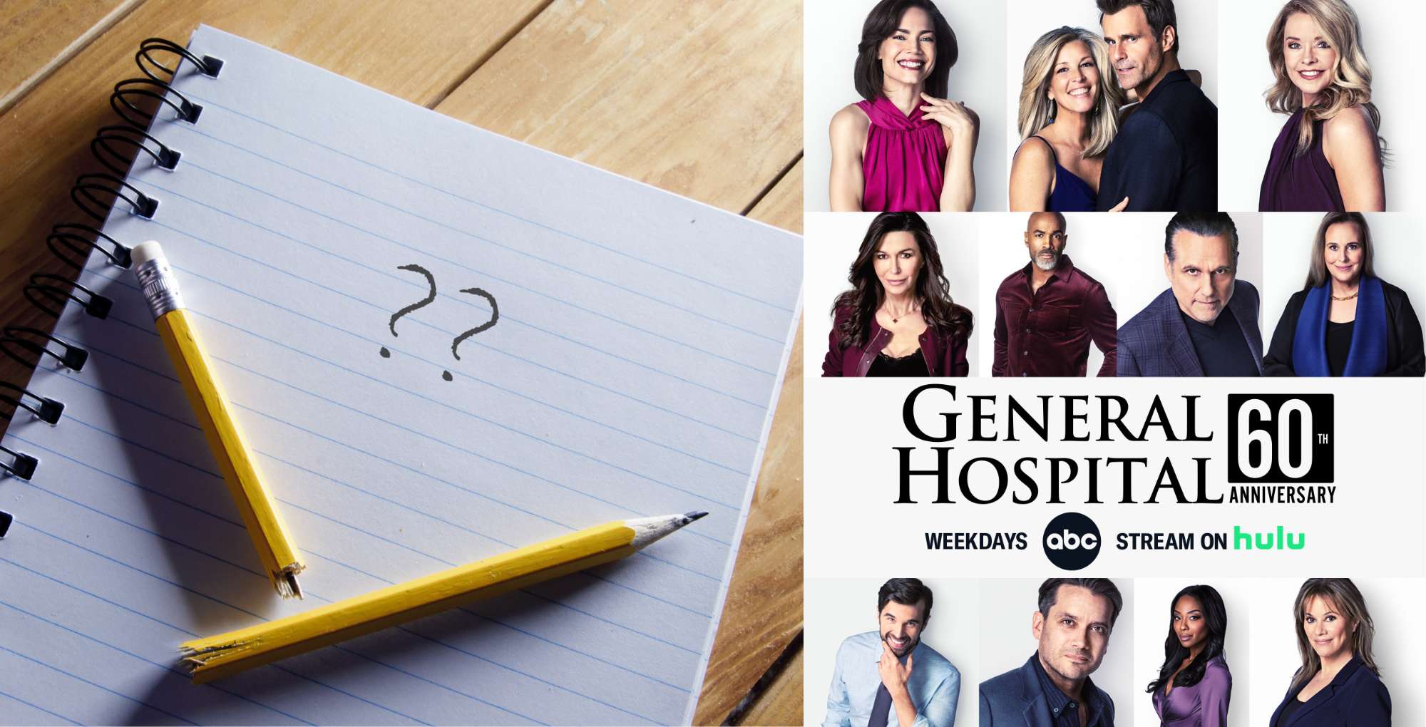 lined notebook with question mark and a broken pencil beside the general hospital key art.