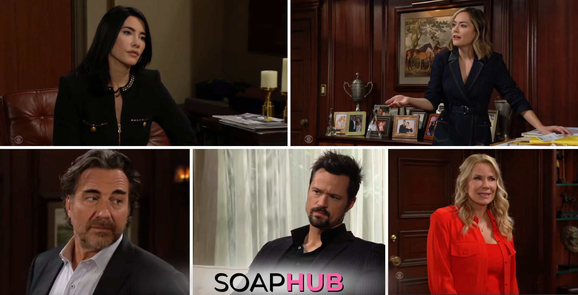 The Bold and the Beautiful newsy recap for March 26 features Steffy, Hope, Thomas, Brooke, and Ridge with the Soap Hub logo across the bottom.