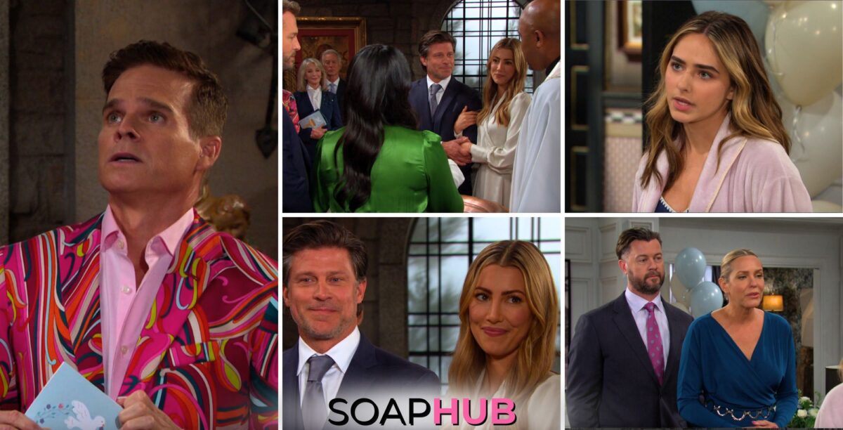 Days of our Lives recap photos for March 28 feature Leo, Eric, Sloan, EJ, Nicole et. al. with soap hub logo on bottom of image