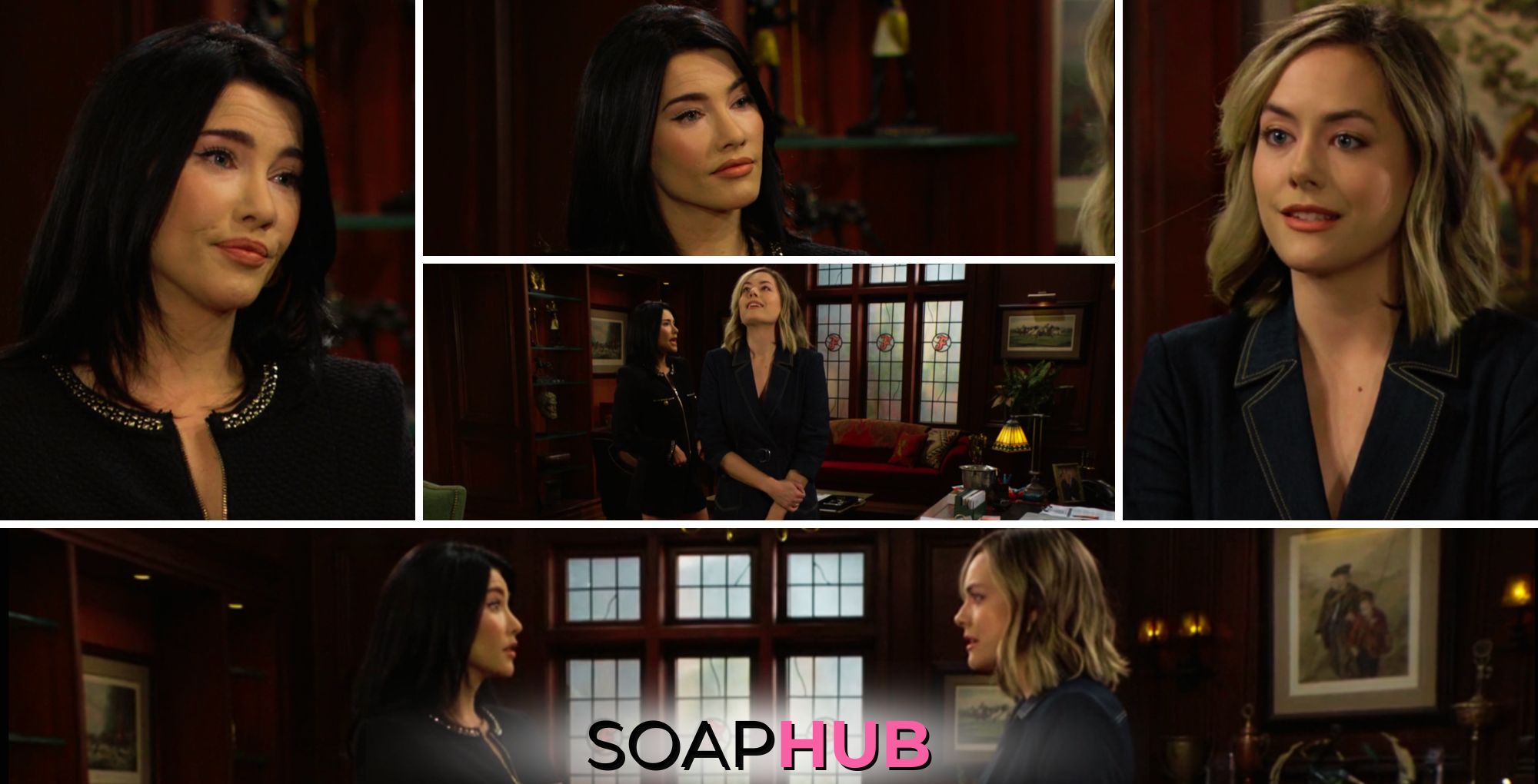 Collage from 3/20 episode of The Bold and The Beautiful featuring Hope and Steffy confrontation after Hope rejected Thomas's proposal with Soap Hub logo on the bottom