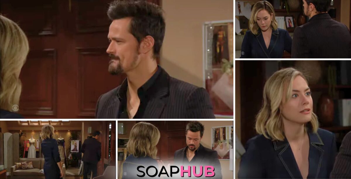 Collage from 3/27 Bold and the Beautiful episode featuring Thomas and Hope...with Soap Hub logo on the bottom