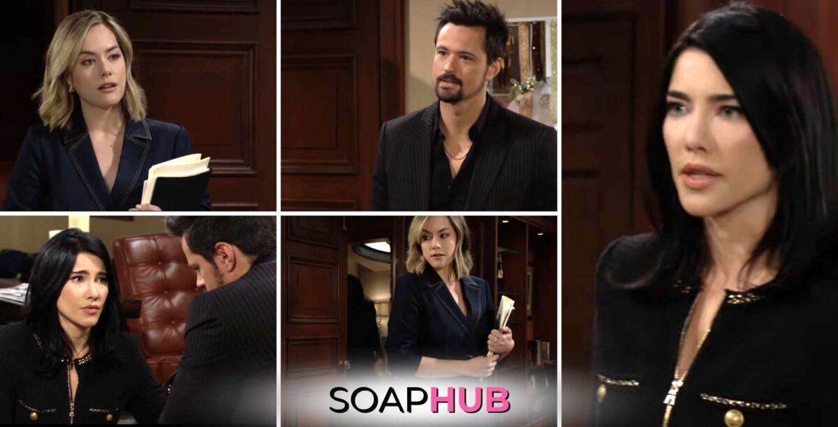 Hope, Thomas, and Steffy on The Bold and the Beautiful with the Soap Hub logo across the bottom.