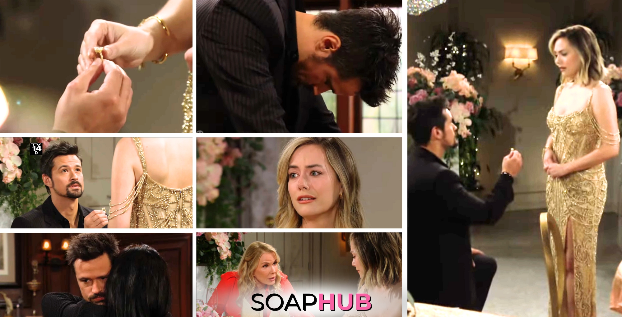 A Bold and the Beautiful collage for the Tuesday, March 19, 2024 episode featuring the fallout of Hope rejecting Thomas's proposal with the Soap Hub logo across the bottom.