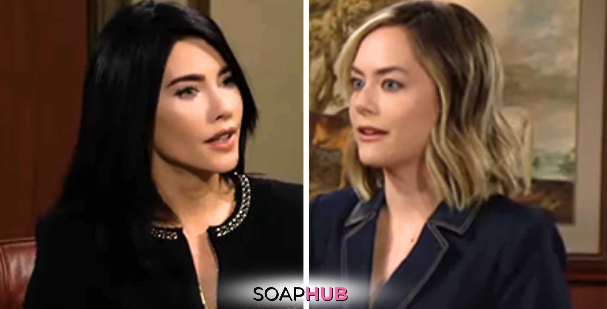 Bold and the Beautiful Spoilers for Friday, March 29 Episode 9239 Feature Steffy and Hope with the Soap Hub Logo Across the Bottom.