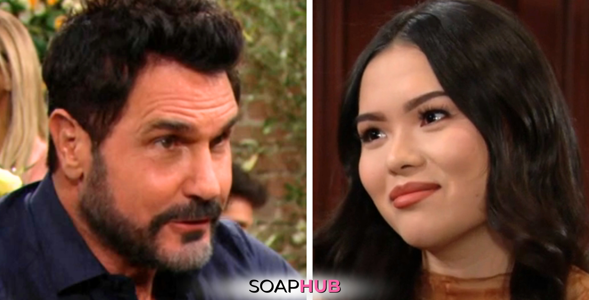 Bold and the Beautiful Spoilers for Thursday, March 14 Episode 9230 Feature Bill and Luna with a Soap Hub logo across the bottom.