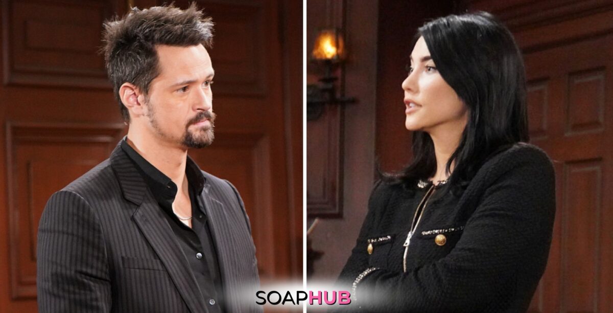 Bold and the Beautiful Spoilers for Tuesday March 26 Episode 9236 Feature Thomas and Steffy With the Soap Hub Logo Across the Bottom.