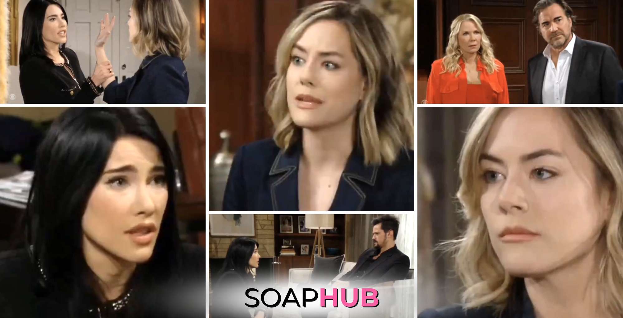 Collage of The Bold and the Beautiful spoilers video with the Soap Hub logo across the bottom.