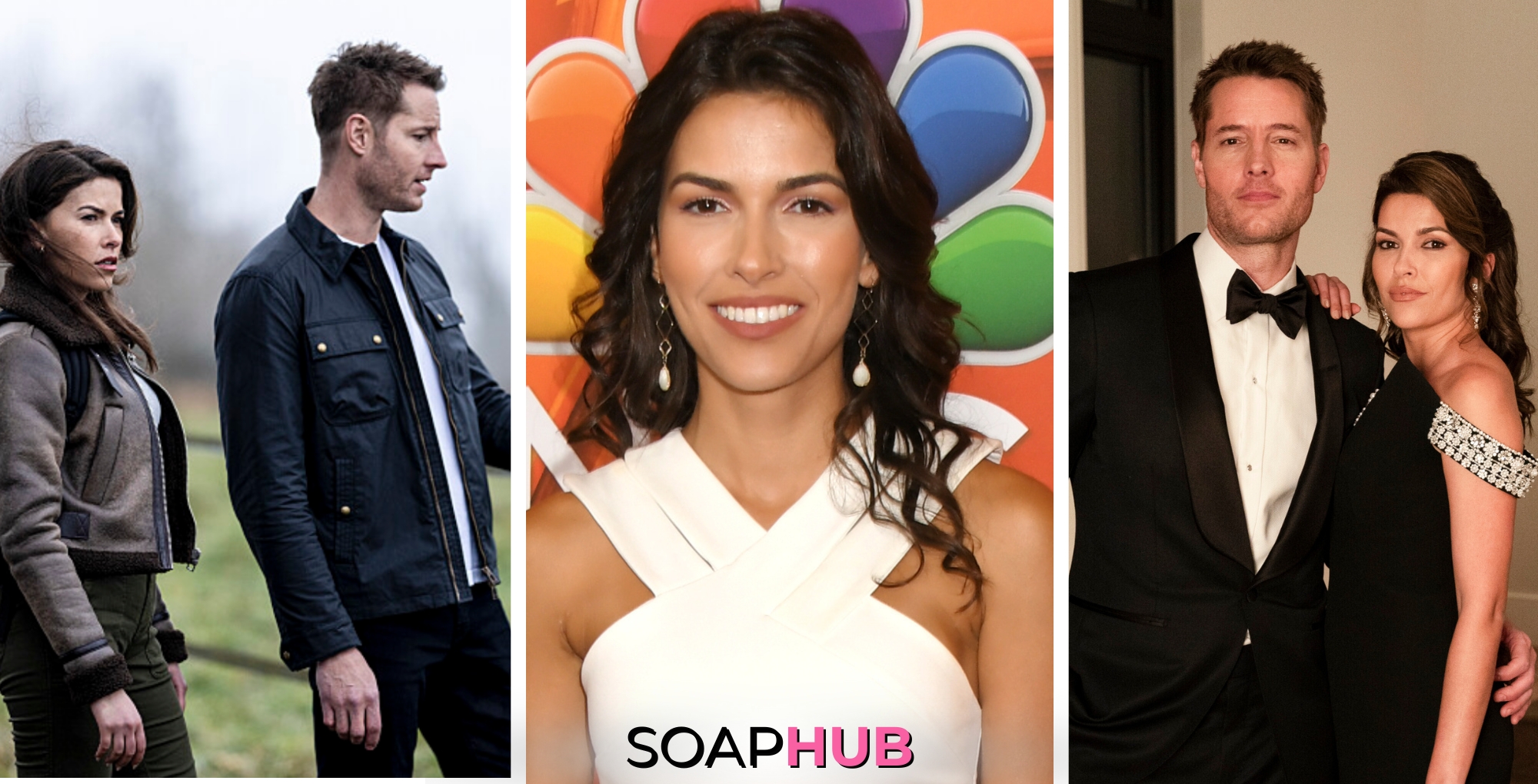Sofia Pernas and Justin Hartley reunite on Tracker with the Soap Hub logo at the boittom.