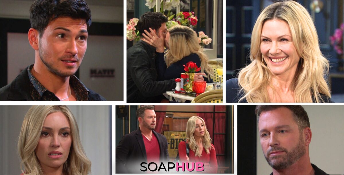 Collage from 3/25 and 3/26 episodes of Days of Our Lives featuring the quadrangle Alex, Kristen, Brady, Theresa...with Soap Hub logo on the bottom