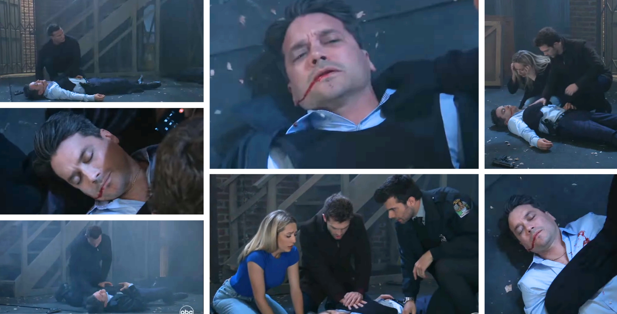 general hospital screenshots for episode tuesday, march 5 dante shot laying on ground at waterfront collage, dante, jason, joss, dex