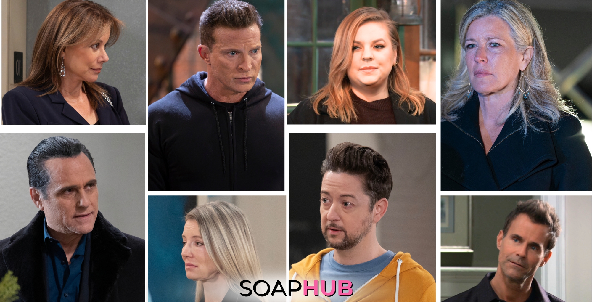 Alexis, Sonny, Jason, Nina, Maxie, Spinelli, Carly, and Drew on General Hospital with the Soap Hub logo across the bottom.