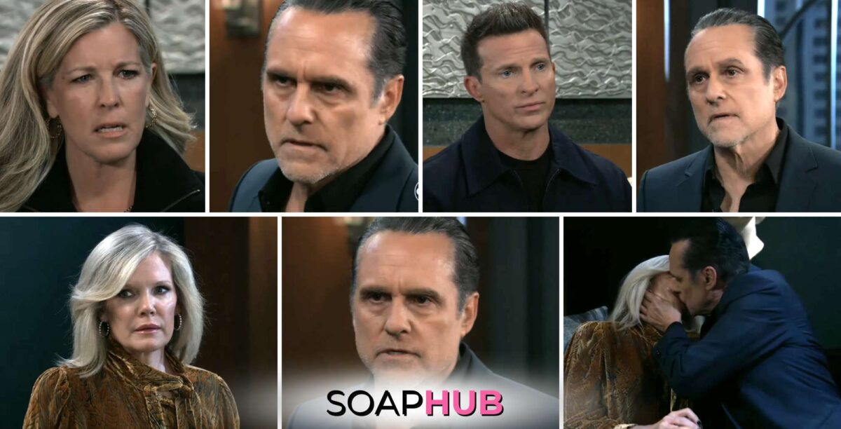 General Hospital recap for March 29 features Carly, Sonny, Jason, and Ava with the Soap Hub logo across the bottom.