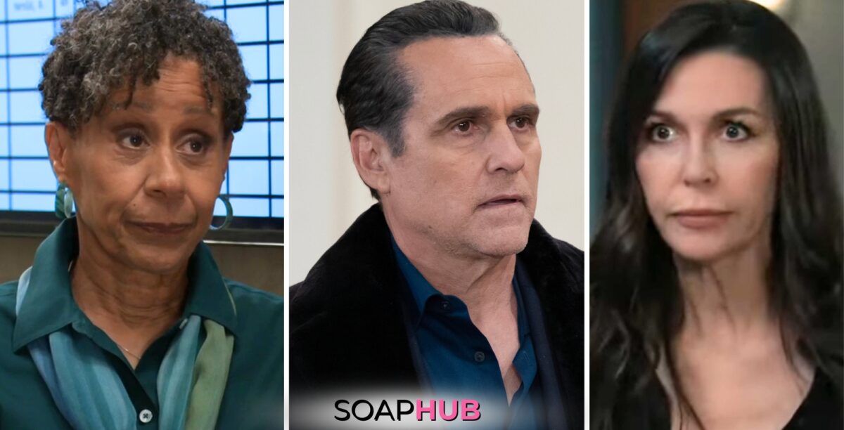 Stella, Sonny and Anna pictured for General Hospital spoilers for week of March 25 - March 29 with the Soap Hub logo across the bottom.