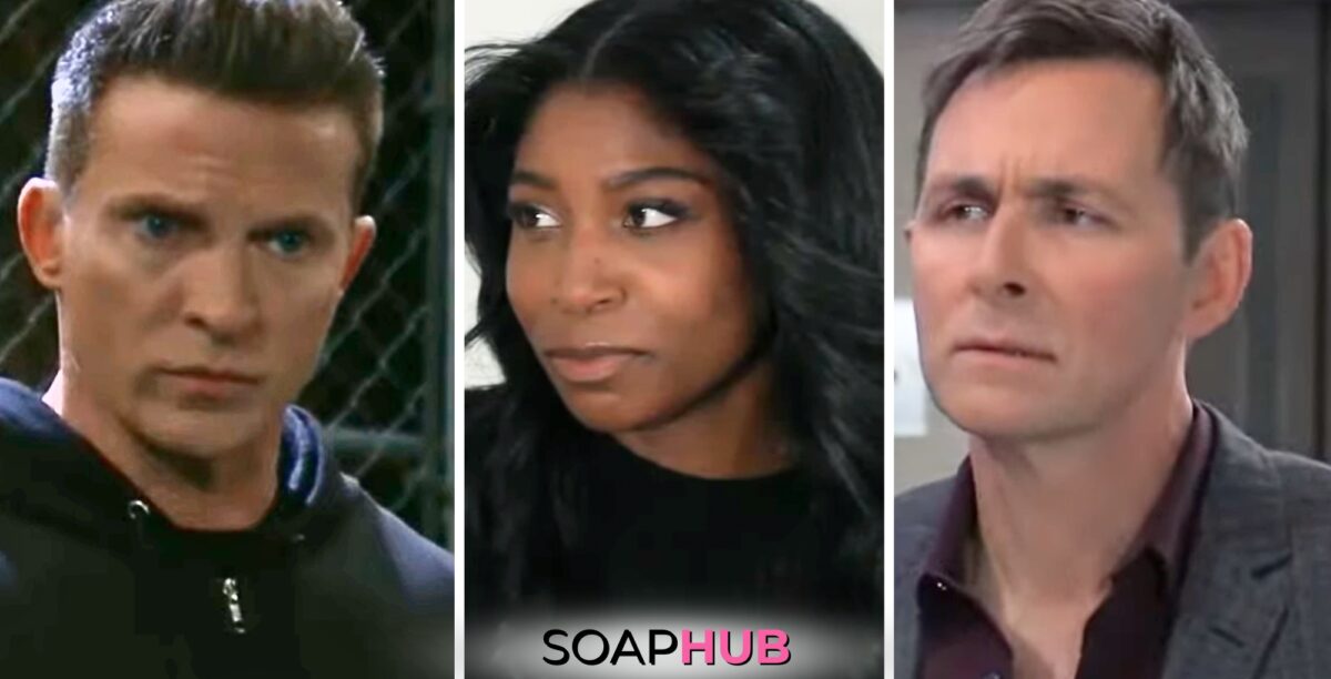 General Hospital spoilers weekly update features Valentin, Trina, and Jason with the Soap Hub logo across the bottom.