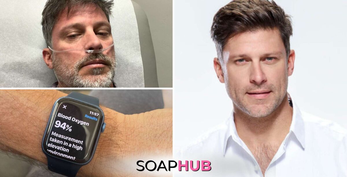 Days of our Lives star Greg Vaughan in a hospital bed, an 02 reading on his watch, and a headshot with the Soap Hub logo along the bottom.