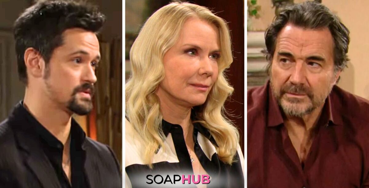 Bold and the Beautiful Weekly Spoilers for Episodes 9235 - 9239, March 25 - March 29 Feature Thomas, Brooke and Ridge with the Soap Hub logo across the bottom.