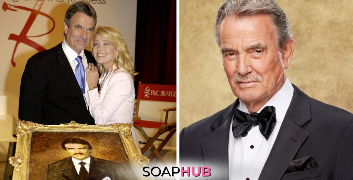 Eric Braeden in tux and cake with Melody Thomas Scott with the Soap Hub logo across the bottom.