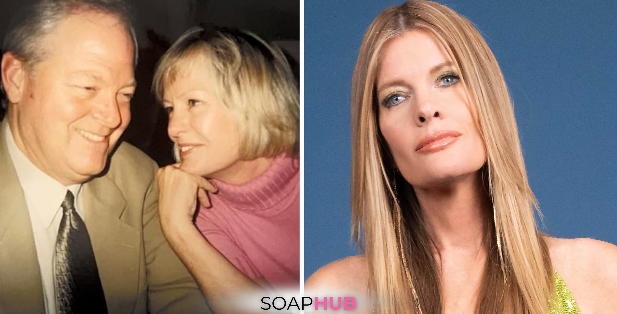 Michelle Stafford next to a photo of her mom and stepdad with the Soap Hub logo along the bottom.