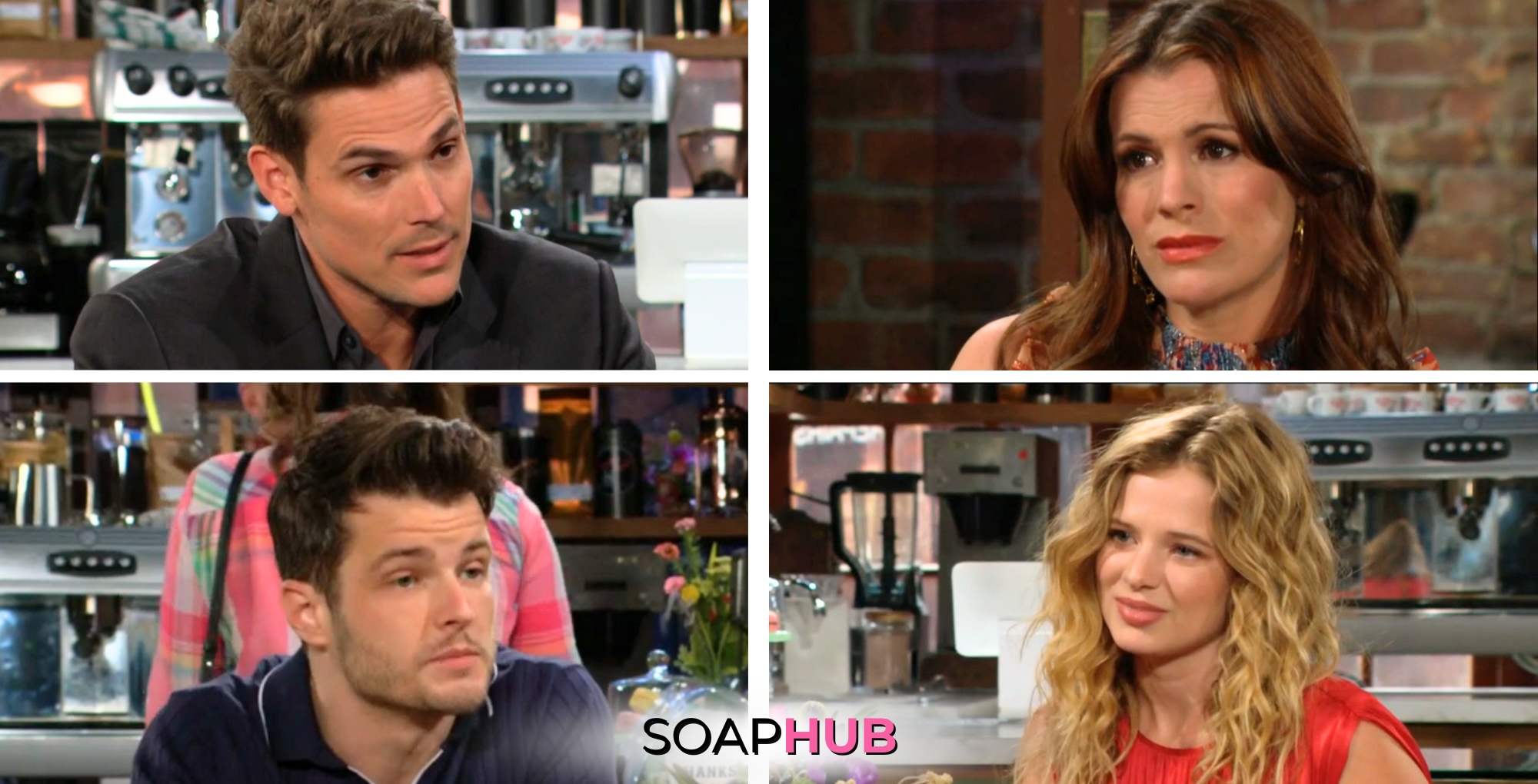 The Young and the Restless spoilers for Friday, March 15 feature Adam, Chelsea, Kyle, and Summer with the Soap Hub logo across the bottom.