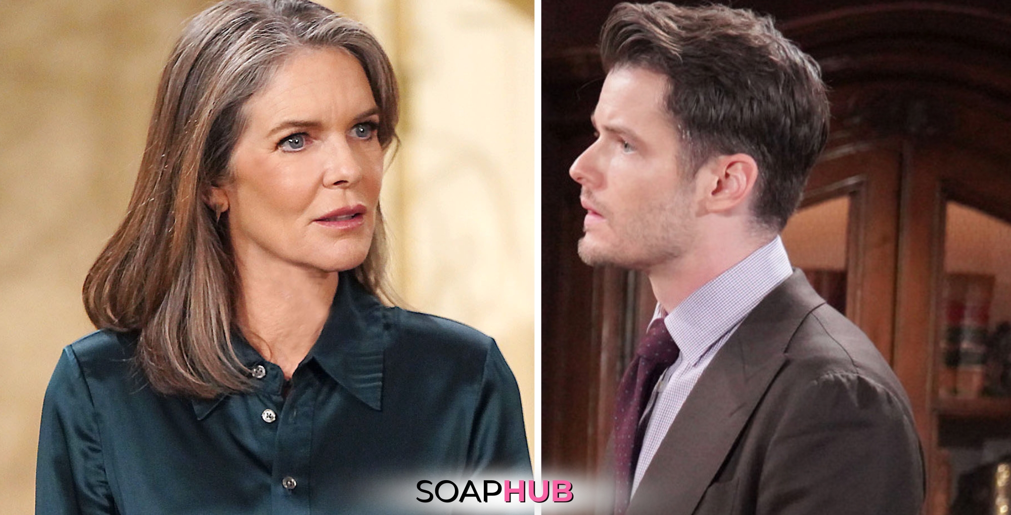 The Young and the Restless spoilers for Thursday, March 28 feature Diane and Kyle with the Soap Hub logo across the bottom.