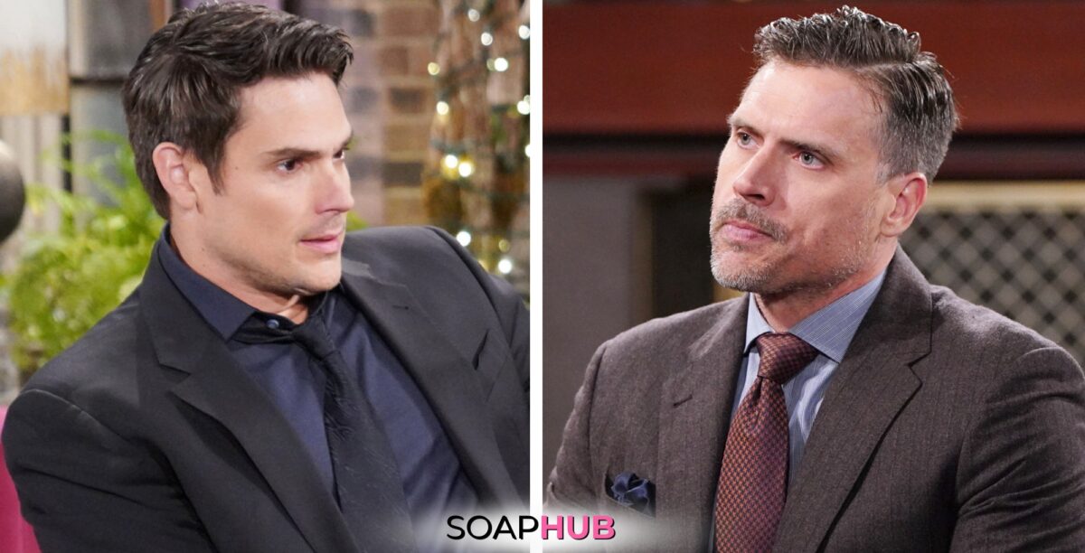 The Young and the Restless spoilers for Friday, March 29 feature Adam and Nick with the Soap Hub logo across the bottom.