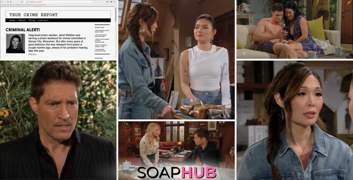 Collage featuring Bold and the Beautiful's Deacon, Finn, Steffy, Poppy, and Luna during the April 23 episode, with Soap Hub logo on the bottom