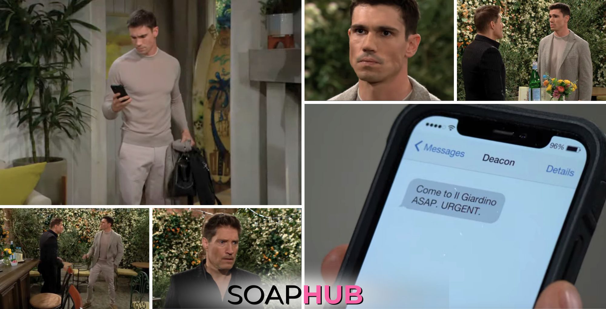 Collage featuring Bold and the Beautiful's Deacon and Finn during the April 24 episode, with Soap Hub logo on the bottom