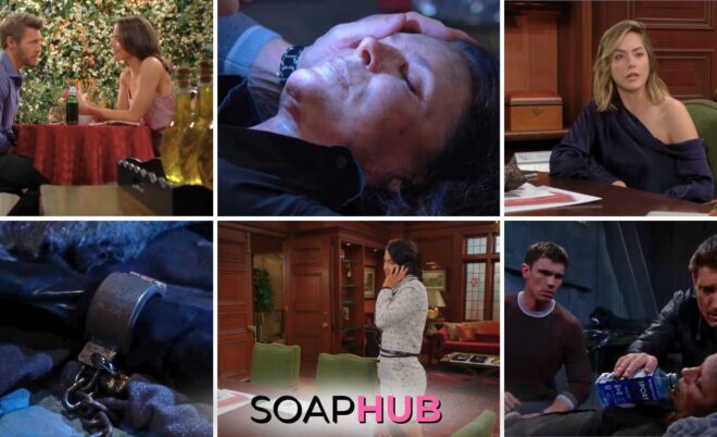 The Bold and the Beautiful recap for April 30 features Finn, Deacon, Sheila, Hope, Steffy, Liam, and Ivy with the Soap Hub logo across the bottom.