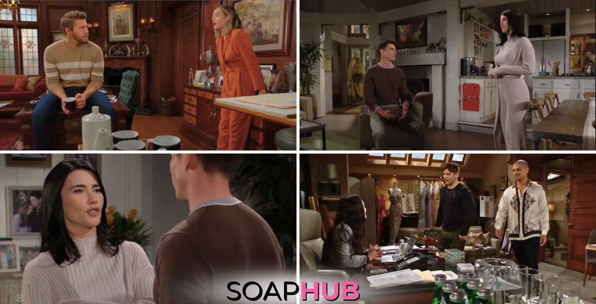 The Bold and the Beautiful recap for April 1 features Steffy, Finn, Hope, Liam, Zende, RJ and Luna with the Soap Hub logo across the bottom.
