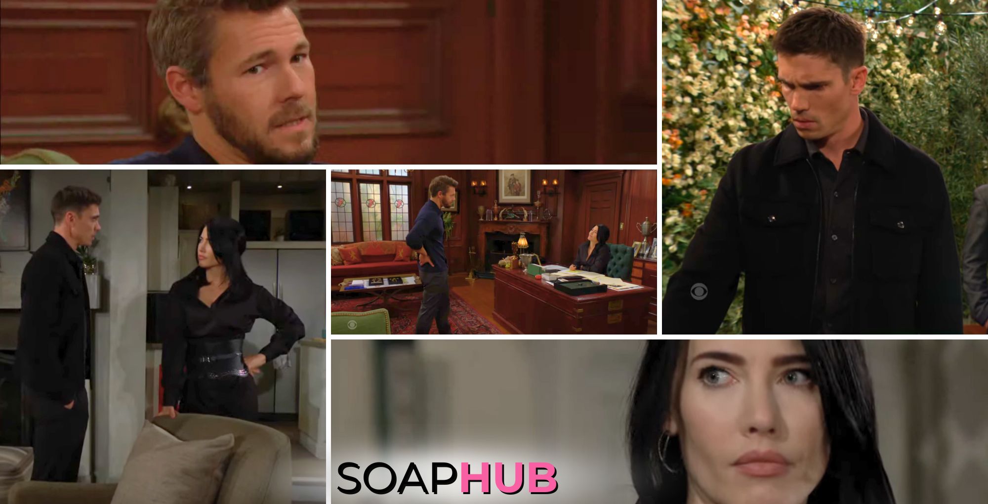 Collage featuring Liam, Steffy, Finn from Wednesday, April 3, 2024, episode of The Bold and the Beautiful with Soap Hub logo on bottom