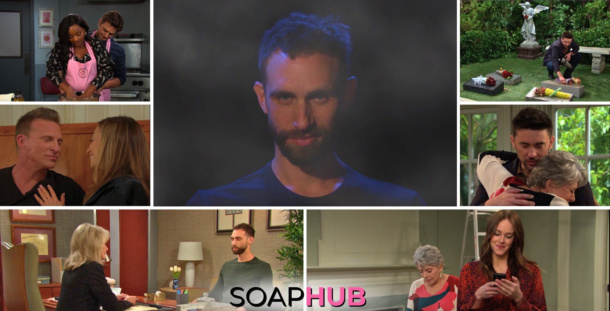 Days of our Lives recap photos for April 2 feature Chanel, Johnny, Julie Stephanie, Chad, Marlena, Everett, Ava, Harris. with soap hub logo on bottom of image