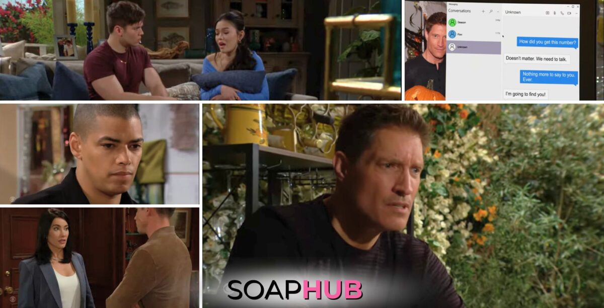 The Bold and the Beautiful recap for April 12 features Steffy, Finn, Ridge, Deacon, Zende, Luna, and RJ with the Soap Hub logo across the bottom.