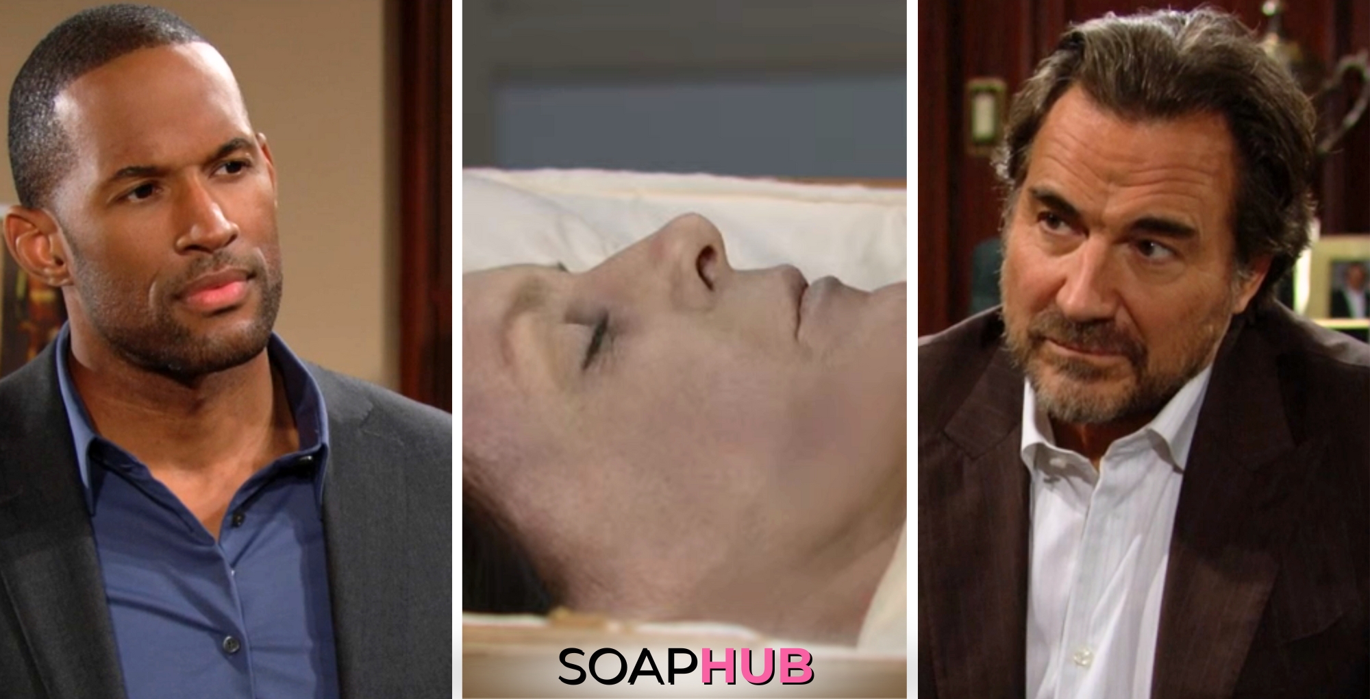 Bold and the Beautiful spoilers weekly update features Carter, Sheila, and Ridge with the Soap Hub logo across the bottom.