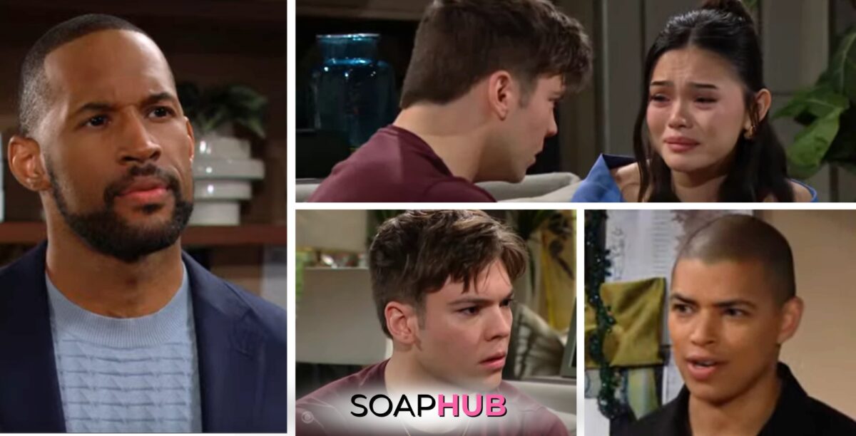 Collage featuring Bold and the Beautiful's Luna, RJ, Zende, and Carter, who was the voice of reason during the April 15 episode, with Soap Hub logo on the bottom