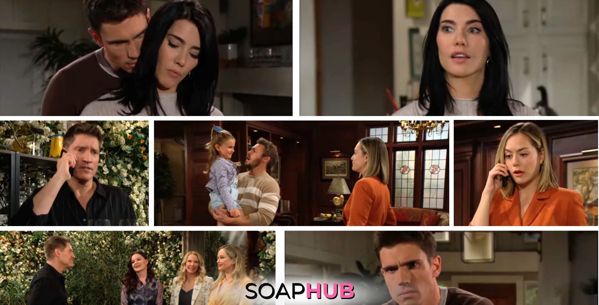 Collage featuring Hope, Liam, Beth, Steffy, Finn, Deacon, the Logan sisters from Tuesday, April 2, 2024, episode of The Bold and the Beautiful with Soap Hub logo on bottom