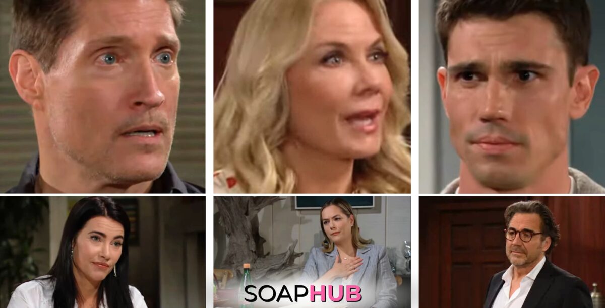 Collage featuring Bold and the Beautiful's Deacon, Finn, Ridge, Brooke, Hope and Steffy during the April 25 episode, with Soap Hub logo on the bottom
